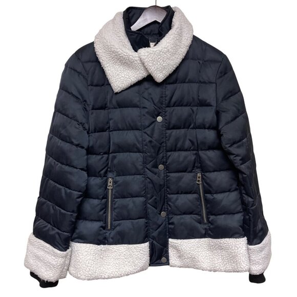 Lucky Brand Women's Black Puffer Sherpa Trim Full Zip Jacket Winter Size Large - Picture 1 of 9